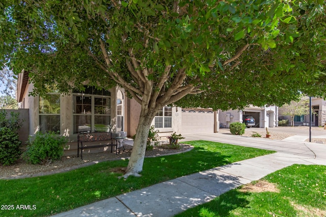 obstructed view of property with driveway, a front lawn, and stucco siding