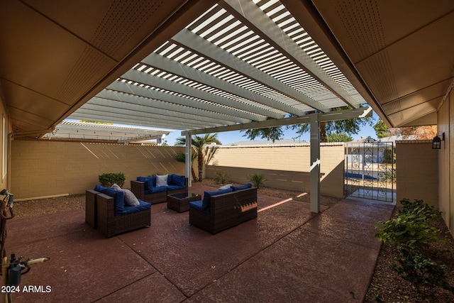 view of patio / terrace featuring outdoor lounge area and a pergola