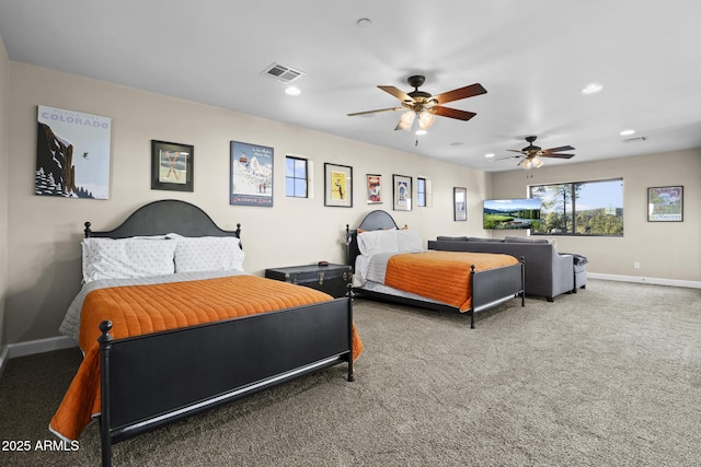 bedroom featuring baseboards, visible vents, a ceiling fan, carpet floors, and recessed lighting