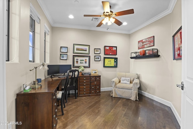 office space with ceiling fan, dark wood-type flooring, visible vents, baseboards, and ornamental molding