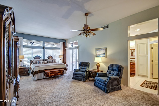 carpeted bedroom featuring ceiling fan