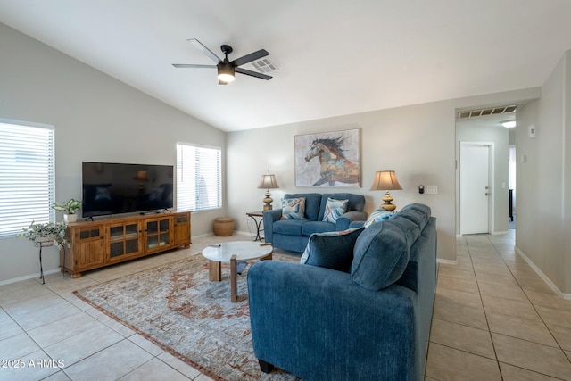 839 W Silver Creek Rd, Gilbert, AZ 85233 - living area with light tile patterned flooring, ceiling fan, and vaulted ceiling