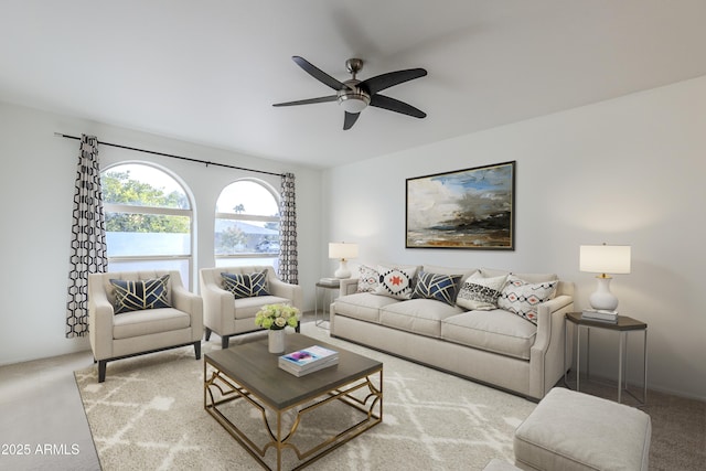 carpeted living room with ceiling fan