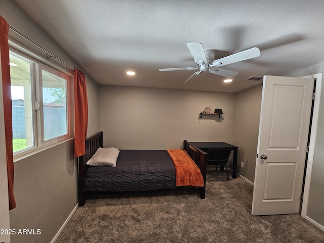 bedroom with ceiling fan, carpet, recessed lighting, baseboards, and visible vents