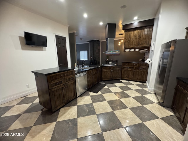 kitchen with stainless steel appliances, dark countertops, a sink, dark brown cabinets, and extractor fan