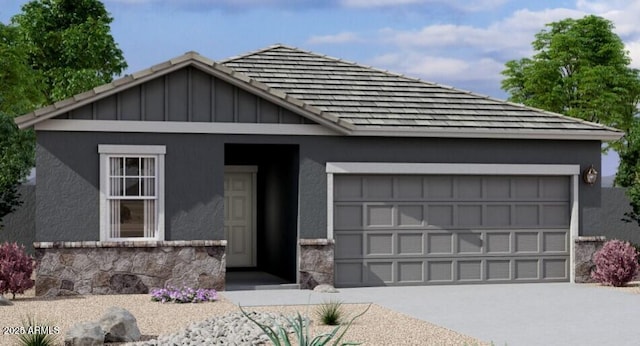 6113 E Artemis Dr, Florence, AZ 85132 - view of front of house featuring an attached garage, driveway, stucco siding, stone siding, and board and batten siding