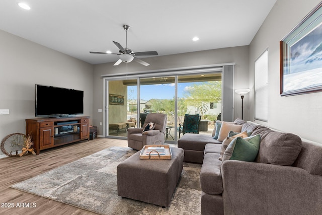 4244 Sawbuck Way, Wickenburg, AZ 85390 - living area with a ceiling fan, baseboards, light wood-style floors, and recessed lighting