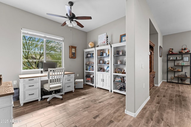 4244 Sawbuck Way, Wickenburg, AZ 85390 - office area featuring baseboards, wood finished floors, and ceiling fan