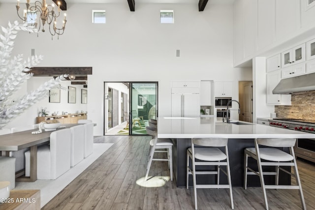 kitchen featuring white cabinets, decorative backsplash, high end appliances, wood finished floors, and a sink