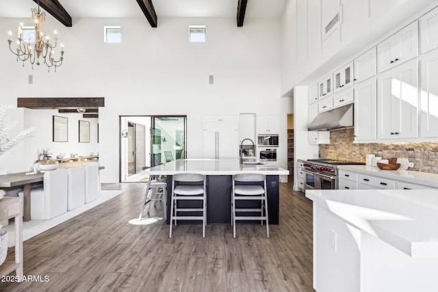 kitchen featuring appliances with stainless steel finishes, a sink, an island with sink, under cabinet range hood, and a kitchen bar