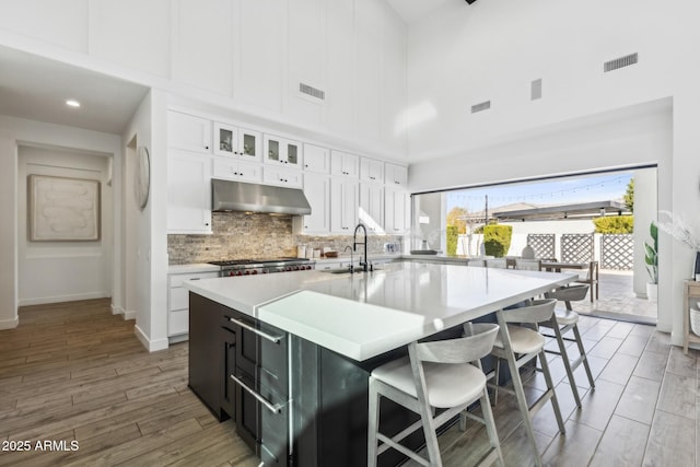 kitchen with under cabinet range hood, a sink, white cabinets, backsplash, and a kitchen bar