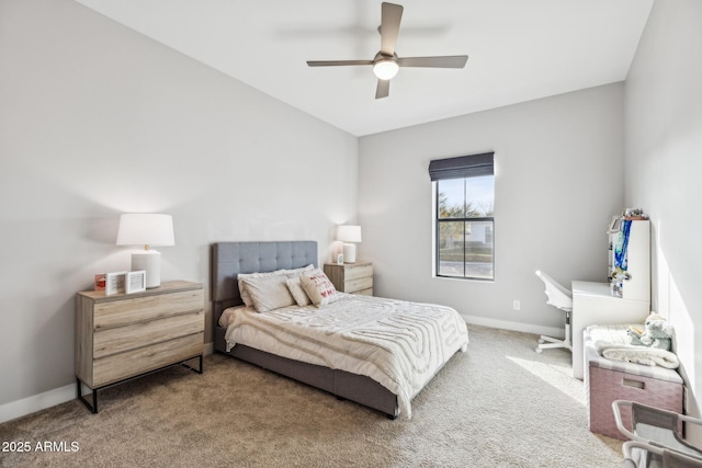 bedroom featuring a ceiling fan, carpet flooring, and baseboards