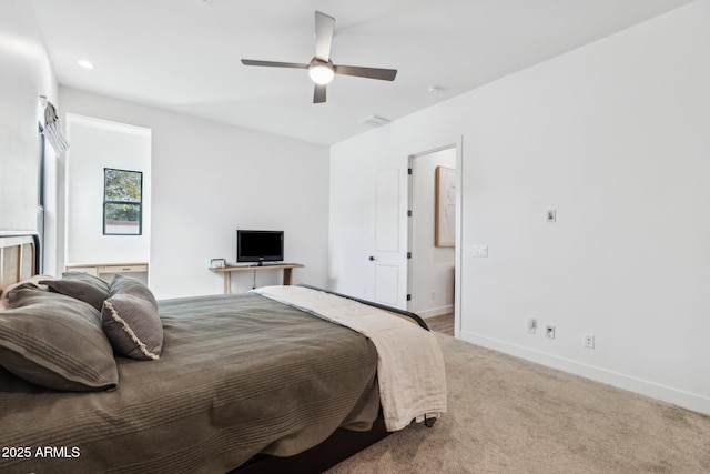 bedroom featuring ceiling fan, recessed lighting, carpet floors, visible vents, and baseboards