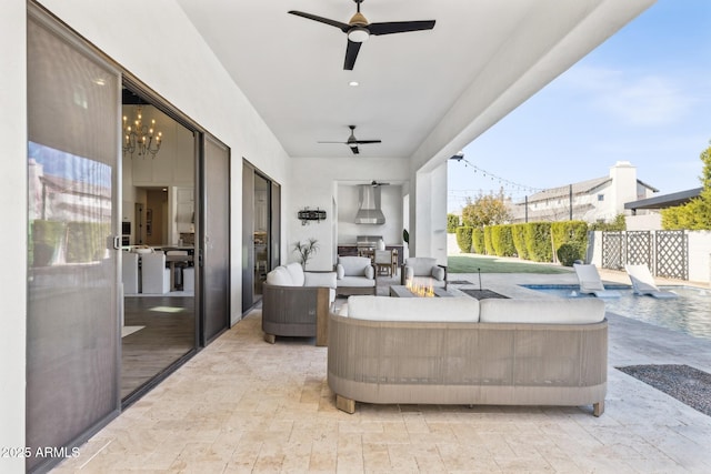 view of patio / terrace with a fenced in pool, fence, an outdoor hangout area, and a ceiling fan