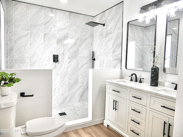 6401 E Eugie Ter, Scottsdale, AZ 85254 - full bathroom featuring toilet, a tile shower, double vanity, and wood finished floors