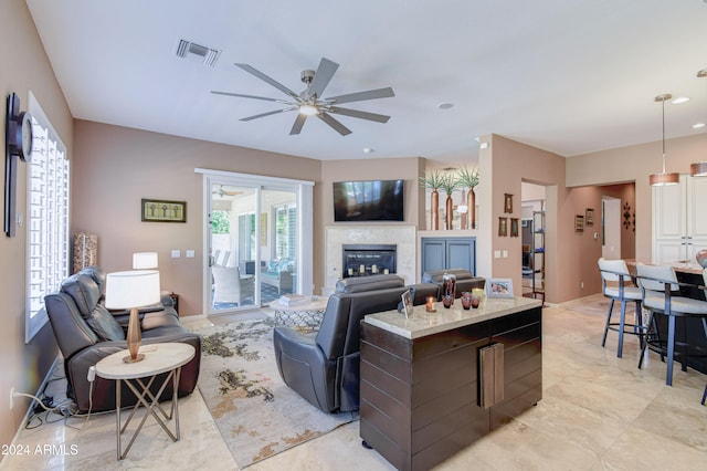 living room with ceiling fan