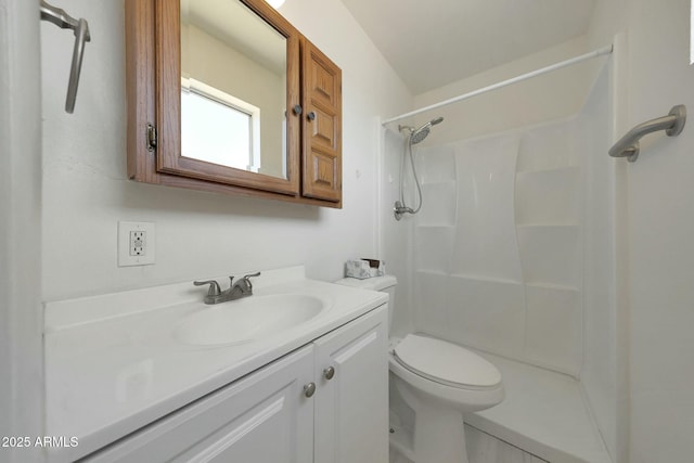 full bath featuring toilet, vanity, and a shower