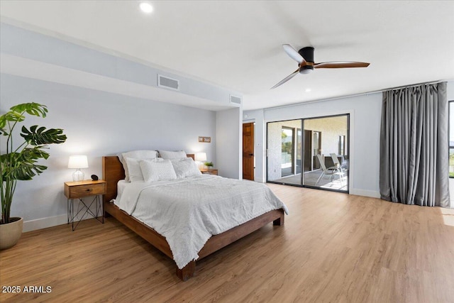 bedroom with ceiling fan, access to exterior, and wood-type flooring