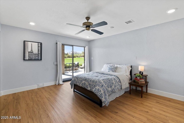 bedroom with access to exterior, light wood-type flooring, and ceiling fan