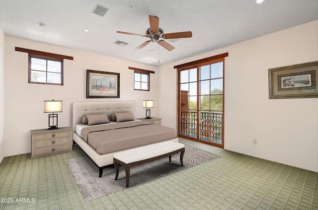 bedroom with access to outside, carpet flooring, visible vents, and recessed lighting