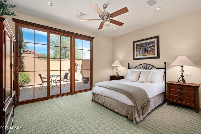 bedroom with light colored carpet, access to outside, visible vents, and recessed lighting