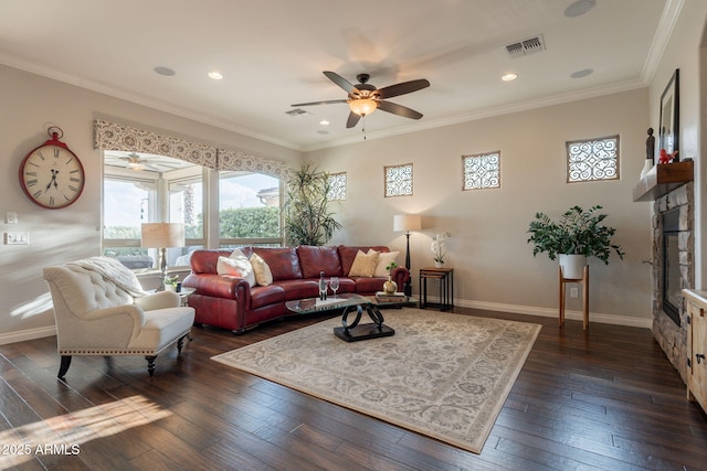 1617 E Copper Holw, Queen Creek, AZ 85140 - living area with ceiling fan, dark wood-type flooring, baseboards, ornamental molding, and recessed lighting