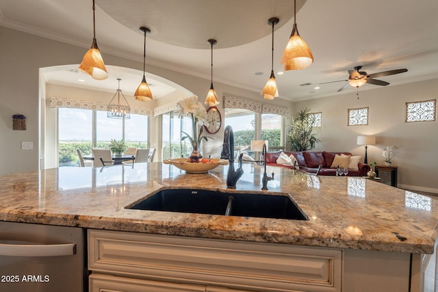 1617 E Copper Holw, Queen Creek, AZ 85140 - kitchen with a sink, open floor plan, light stone countertops, pendant lighting, and stainless steel dishwasher