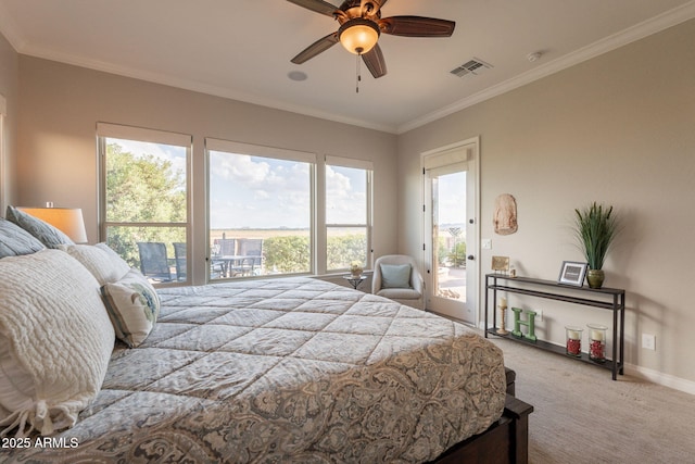 1617 E Copper Holw, Queen Creek, AZ 85140 - carpeted bedroom featuring access to outside, ornamental molding, baseboards, and a ceiling fan