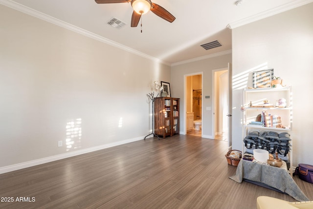 1617 E Copper Holw, Queen Creek, AZ 85140 - bedroom featuring ornamental molding, wood finished floors, baseboards, ensuite bathroom, and a ceiling fan