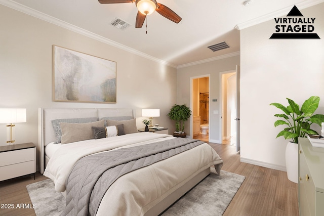 1617 E Copper Holw, Queen Creek, AZ 85140 - bedroom featuring light wood-style floors, crown molding, baseboards, ensuite bathroom, and ceiling fan