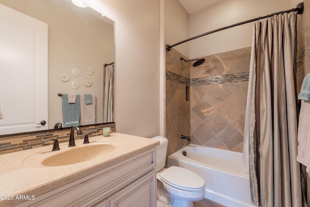 1617 E Copper Holw, Queen Creek, AZ 85140 - bathroom with toilet, vanity, shower / bath combo with shower curtain, and decorative backsplash