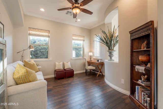 1617 E Copper Holw, Queen Creek, AZ 85140 - sitting room with ceiling fan, dark wood-style flooring, recessed lighting, ornamental molding, and baseboards