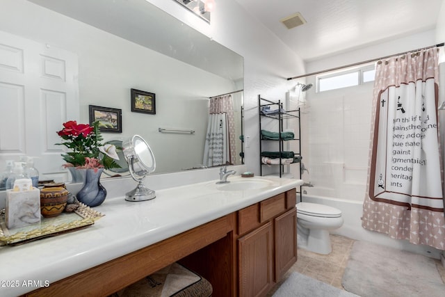 bathroom featuring visible vents, toilet, shower / bath combo with shower curtain, vanity, and tile patterned flooring