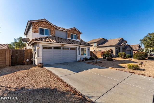 traditional home with a tile roof, stucco siding, concrete driveway, a residential view, and stone siding