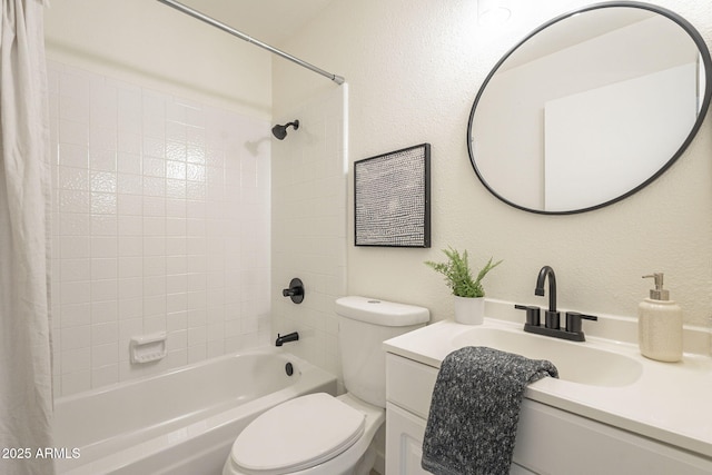 full bathroom with toilet, shower / tub combo, a textured wall, and vanity