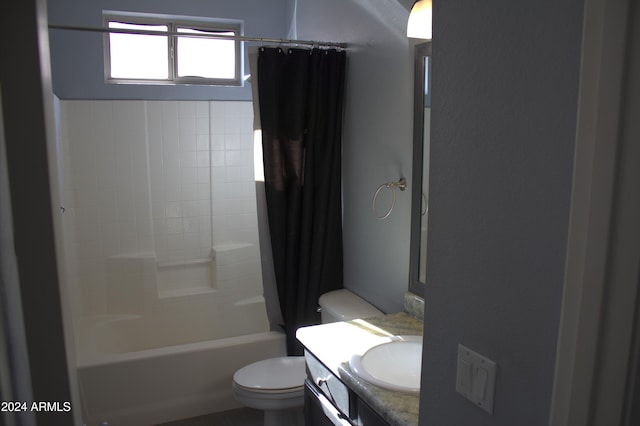 full bathroom featuring vanity, toilet, and shower / bathtub combination with curtain