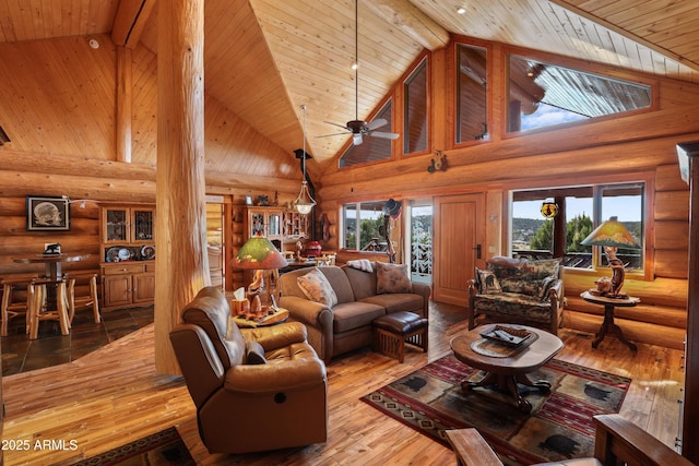 living room with ceiling fan, beam ceiling, high vaulted ceiling, wood-type flooring, and wooden ceiling