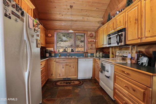 kitchen featuring sink, white appliances, wooden ceiling, and rustic walls