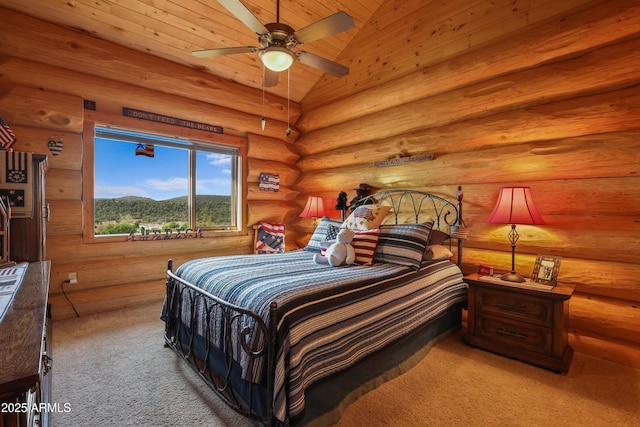 bedroom with lofted ceiling, light carpet, rustic walls, and wood ceiling