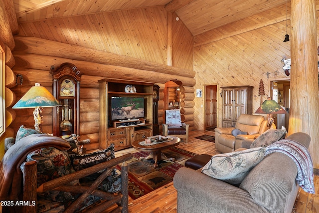 living room with high vaulted ceiling, hardwood / wood-style floors, and wooden ceiling