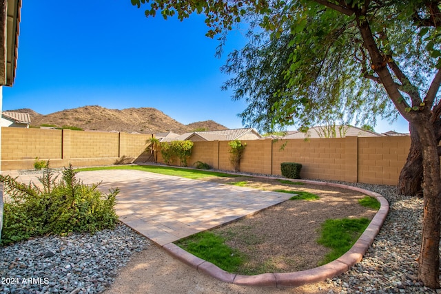 view of yard with a patio area and a mountain view