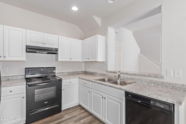 kitchen featuring white cabinets, under cabinet range hood, light countertops, black appliances, and a sink