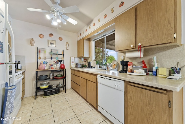 kitchen featuring white appliances, ceiling fan, and light tile floors