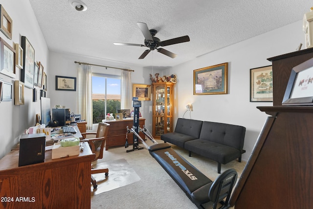 office space with light carpet, ceiling fan, and a textured ceiling