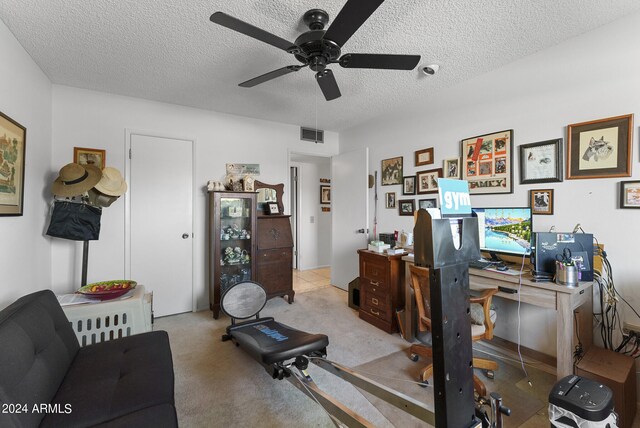 exercise room featuring a textured ceiling, ceiling fan, and carpet flooring