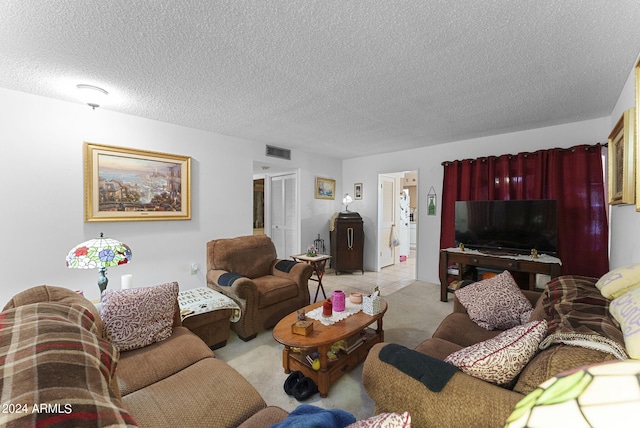 carpeted living room with a textured ceiling