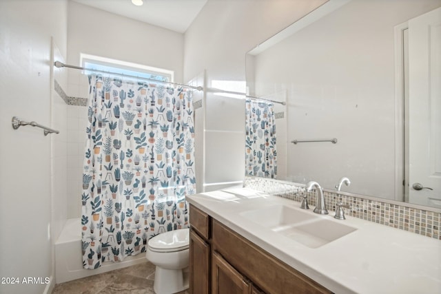 full bathroom featuring backsplash, vanity, shower / bath combo, and toilet