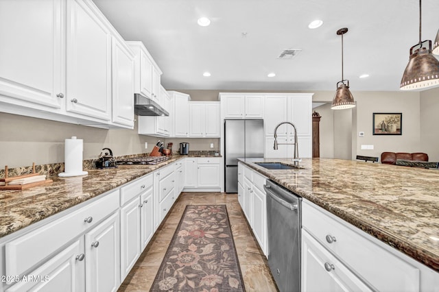 12932 W Cassia Trl, Peoria, AZ 85383 - kitchen featuring appliances with stainless steel finishes, under cabinet range hood, white cabinetry, stone countertops, and recessed lighting
