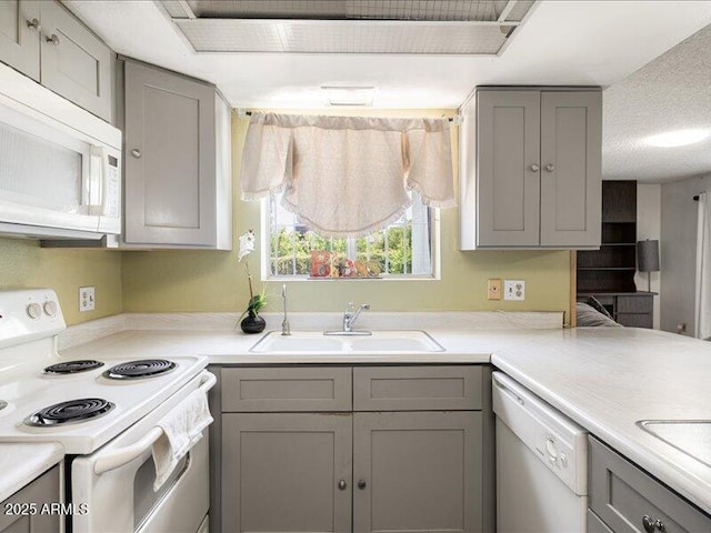 kitchen featuring gray cabinets, a sink, and white appliances