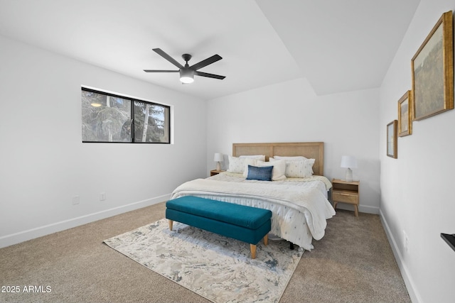 carpeted bedroom featuring a ceiling fan and baseboards